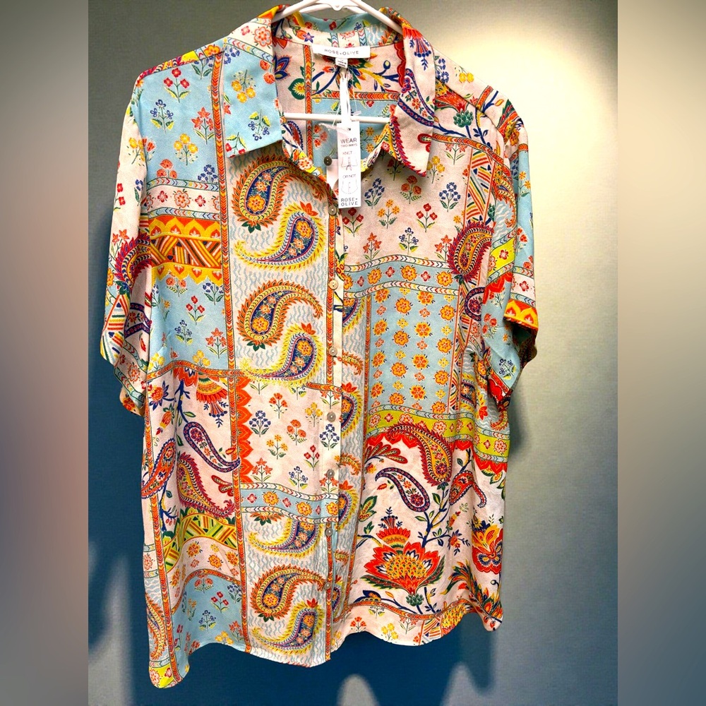 Rose + Olive Paisley Floral Button-up Shirt 1X NWT